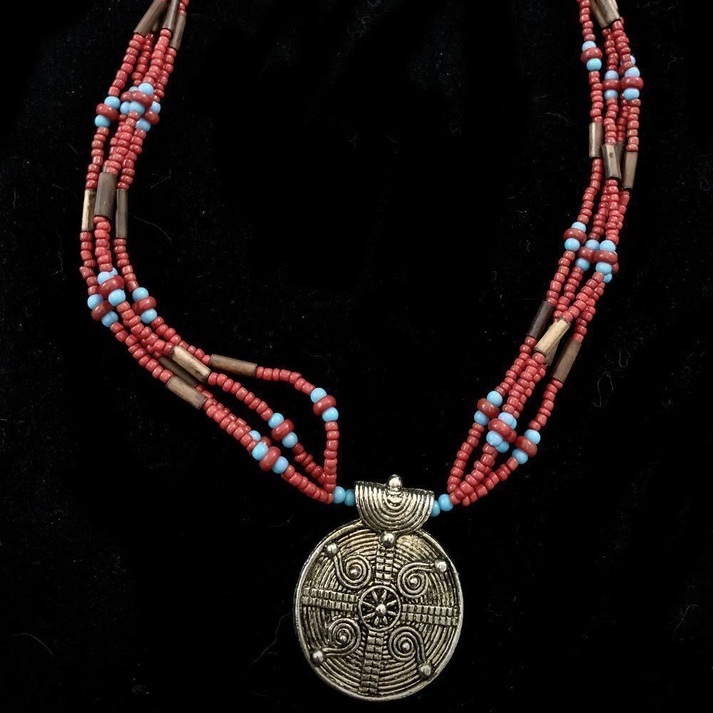 BOHO TURQUOISE WOOD SILVER PENDANT NECKLACE